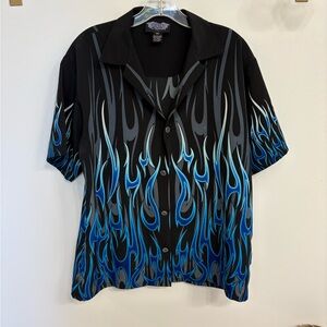 Black and Blue Flame Button-Up Shirt